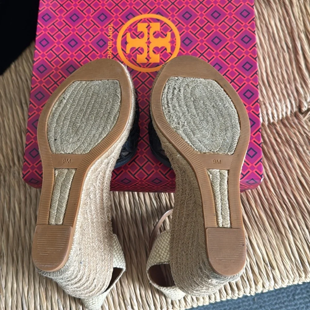 Tory Burch Womens Lucia Espadrille Wedge Sandals size 9 Navy/Black/Natural/Tan - Picture 4 of 5